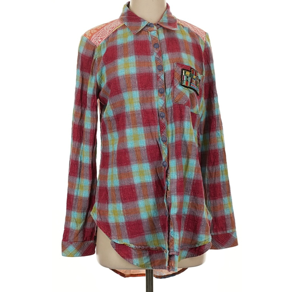 Aratta Silent Journey Plaid & Scenic Button Down Shirt M Red Blue